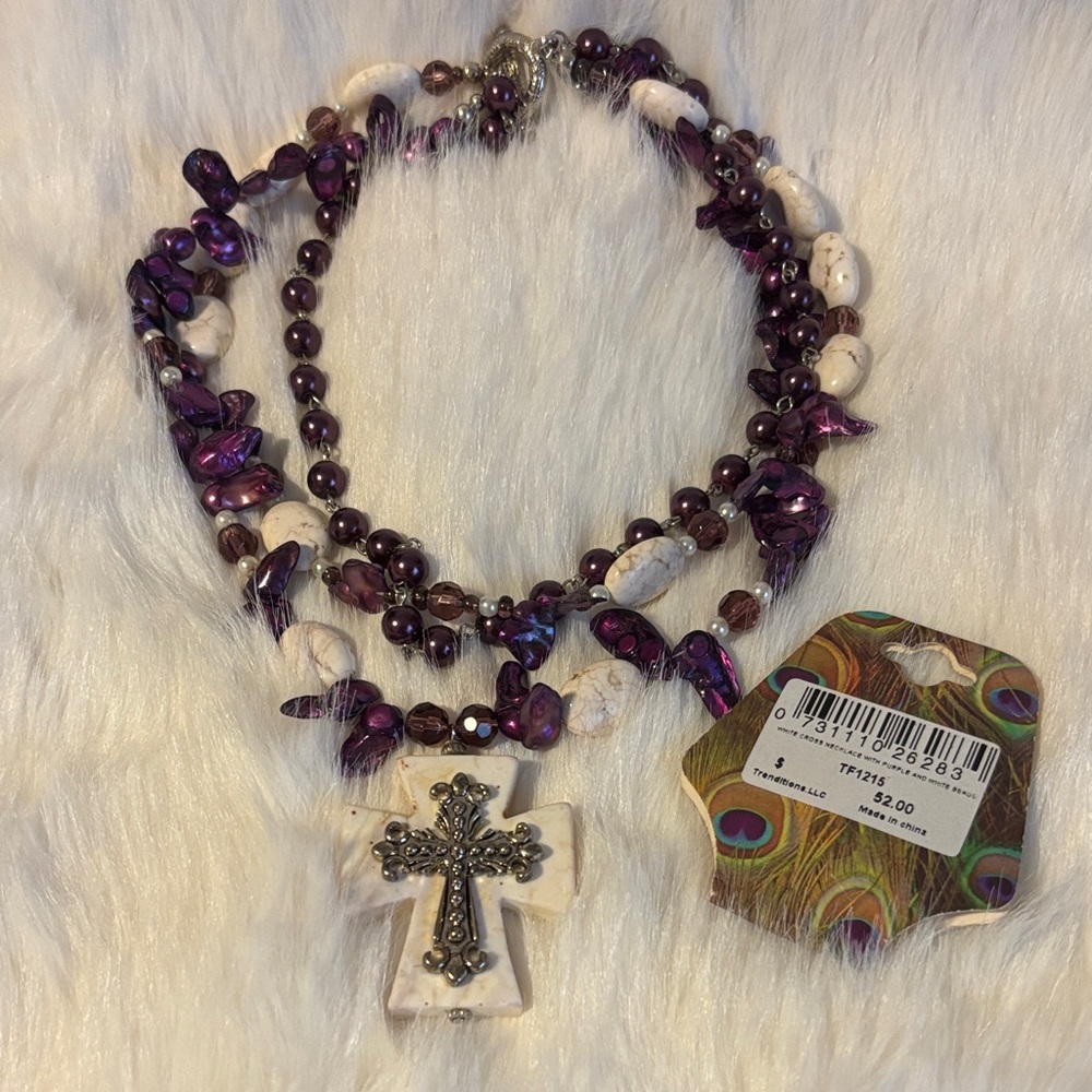 Purple and White Beaded Cross Necklace